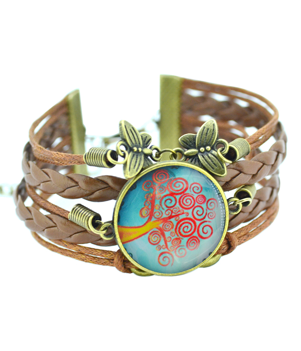 Antique bronze life of tree cabochon multi leather chain bracelet