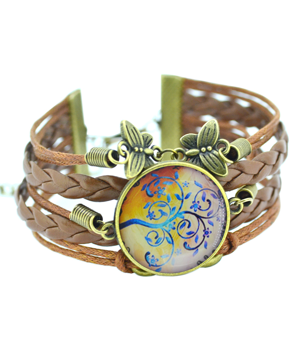 Antique bronze life of tree cabochon multi leather chain bracelet