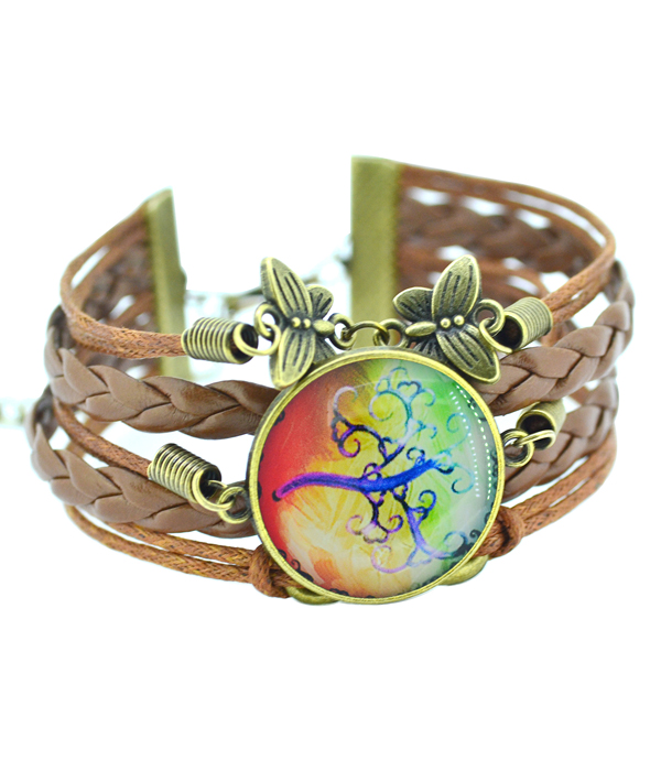 Antique bronze life of tree cabochon multi leather chain bracelet