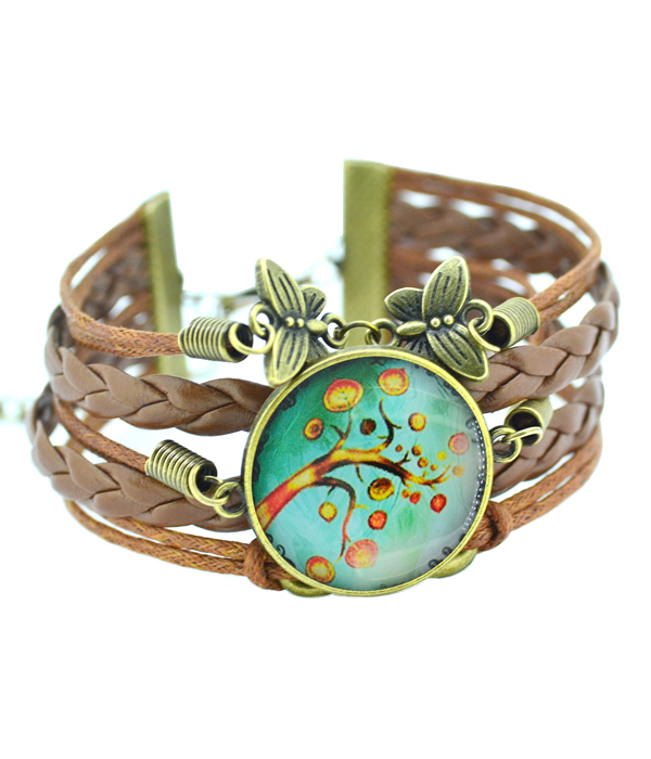 Antique bronze life of tree cabochon multi leather chain bracelet