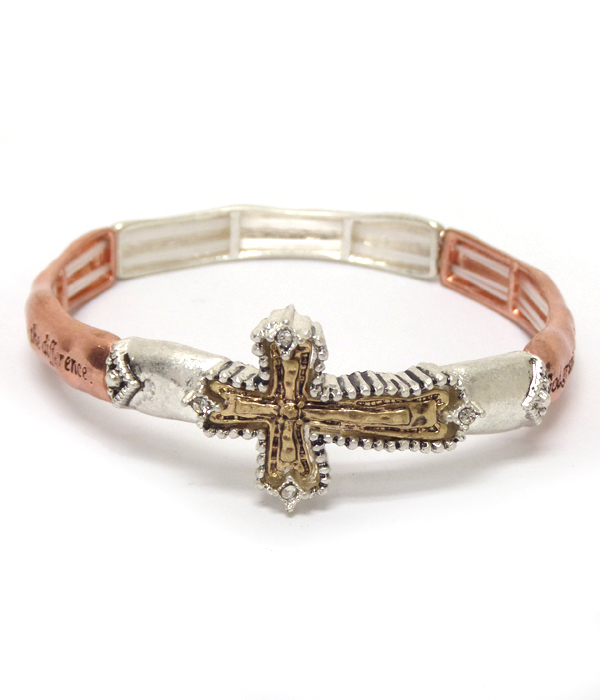 Rustic metal textured cross with message bracelet