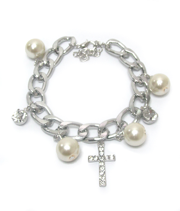 Cross and pearl charm bracelet