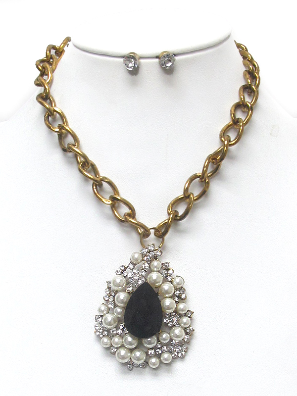 Crystal and pearl teardrop pendant necklace set