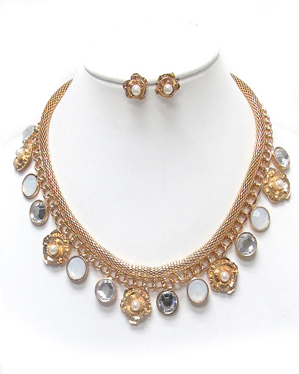Pearl center rose and multi disk dangle necklace set