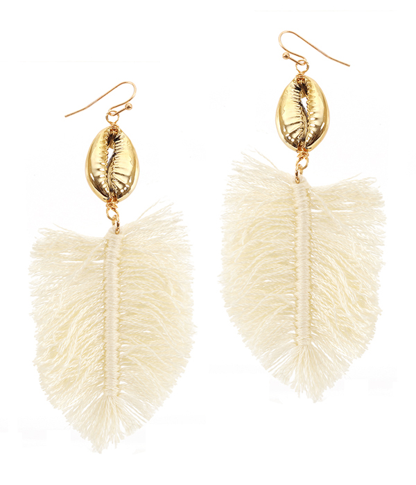COWRY SHELL AND THREAD MONSTERA EARRING