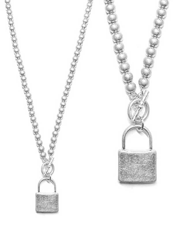 LOCK PENDANT AND METAL BALL CHAIN TOGGLE NECKLACE