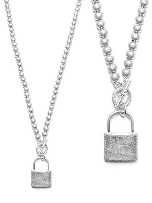 Lock pendant and metal ball chain toggle necklace