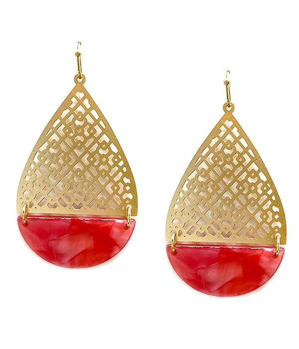 METAL FILIGREE AND ACRYLIC BOTTOM TEARDROP EARRING