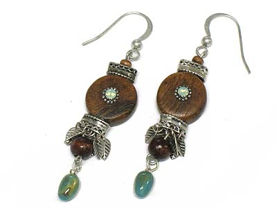 Crystal stone round wood and figurine bead dangle earring