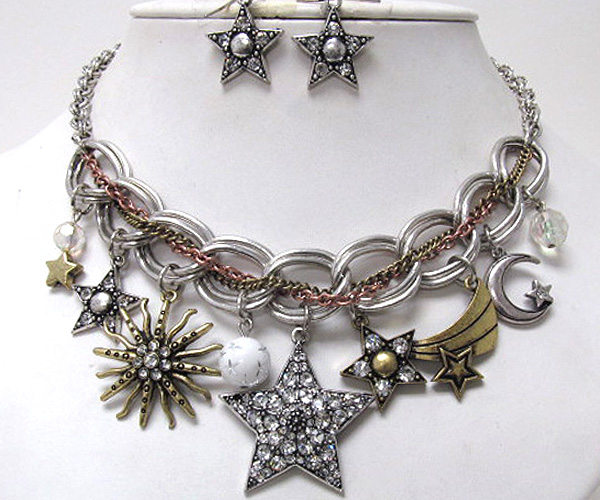 Multi crystal metal fashion charm stars dangle and drop twist multi chain necklace earring set