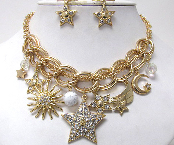 Multi crystal metal fashion charm stars dangle and drop twist multi chain necklace earring set