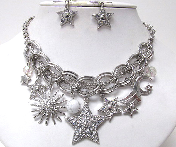 Multi crystal metal fashion charm stars dangle and drop twist multi chain necklace earring set