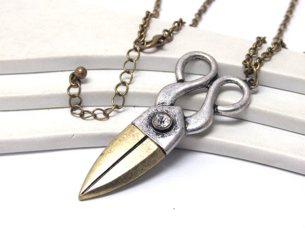 Crystal big scissors pendant long necklace