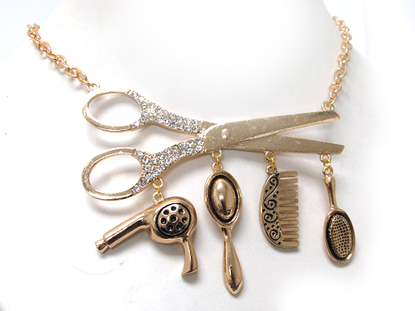 Beauty shop theme dryer brush comb mirror dangle large scissors link necklace