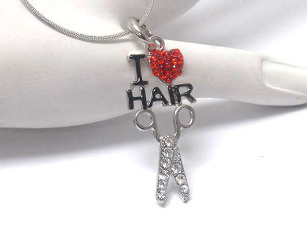 Crystal i love hair and scissors necklace