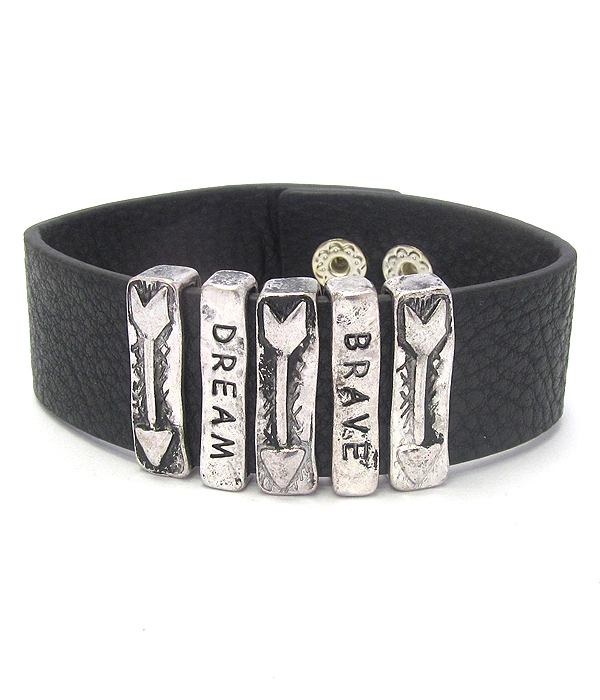Inspiration arrow leather snap on bracelet - dream brave