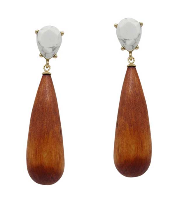 Semi precious stone and wood drop earring
