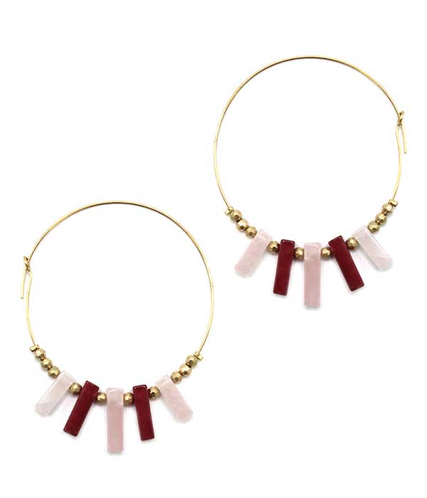 Semi precious stone bar on wire hoop earring