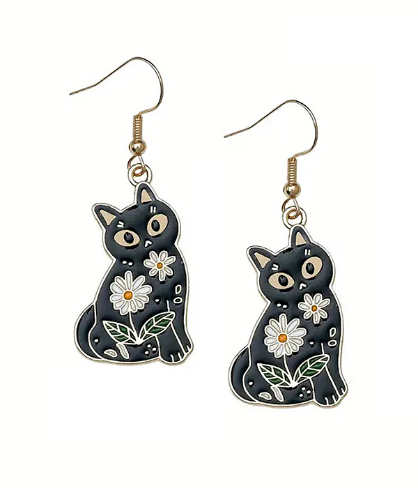 Flower print epoxy black cat earring