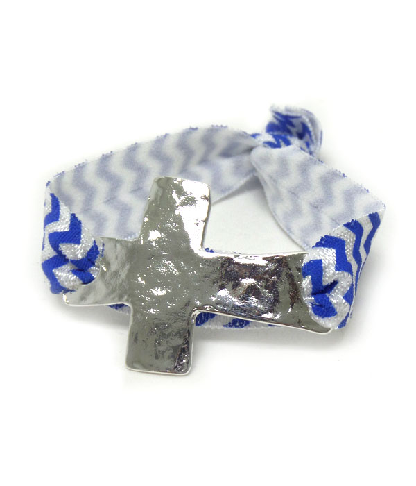 Swirl white and blue metal cross stretch  bracelet
