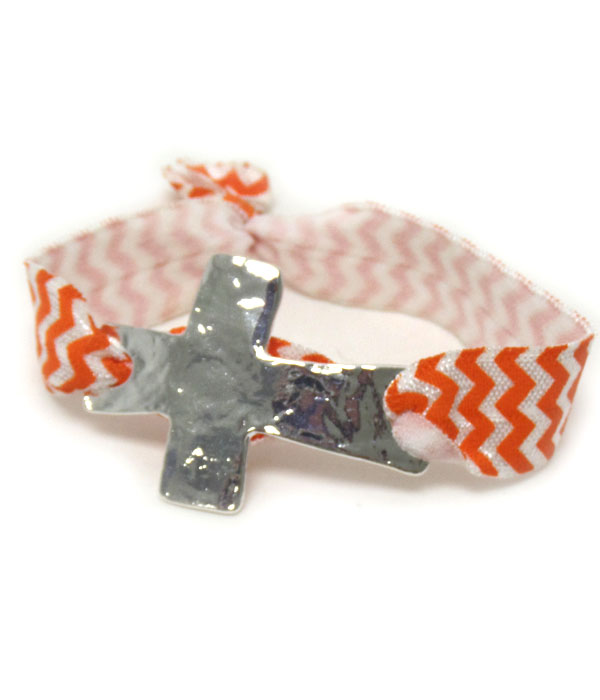 Swirl white and orange metal cross stretch bracelet