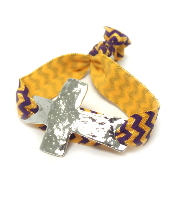 Swirl purple  and yellow metal cross stretch bracelet