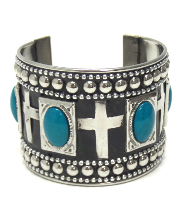 Metal cross epoxy stone cuff bangle