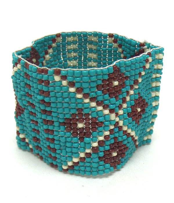 Turquoise and brown seed bead navajo pattern bracelet -western