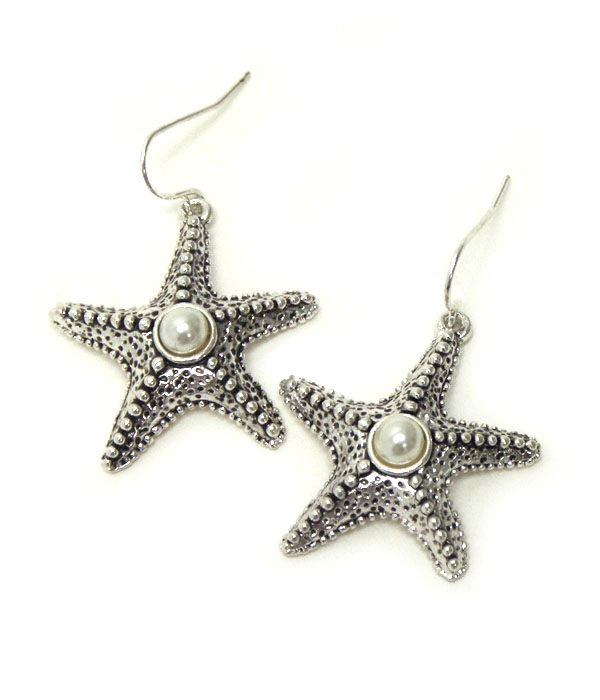 Starfish textured metal with pearl center earrings