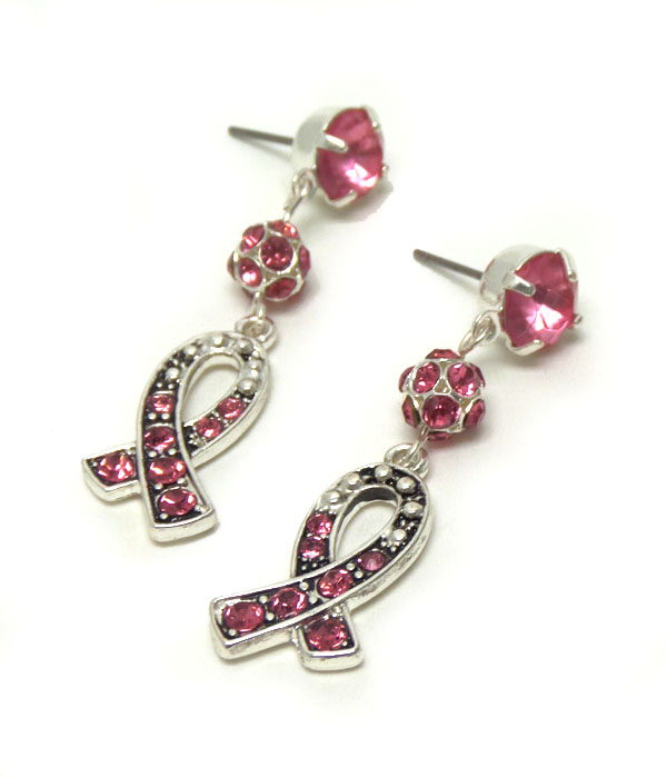 Dangle pink ribbon with stones earrings