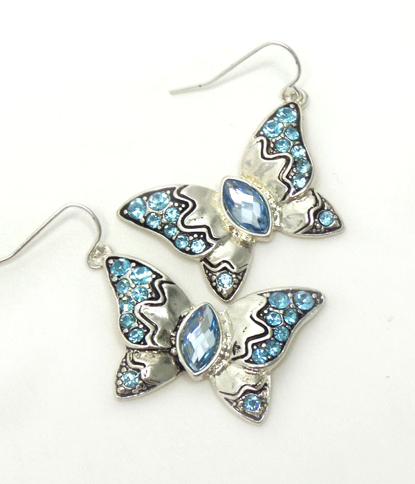 Textured metal with crystal on butterfly earrings