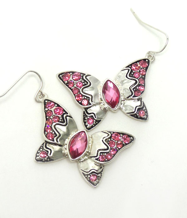 Textured metal with crystal on butterfly earrings