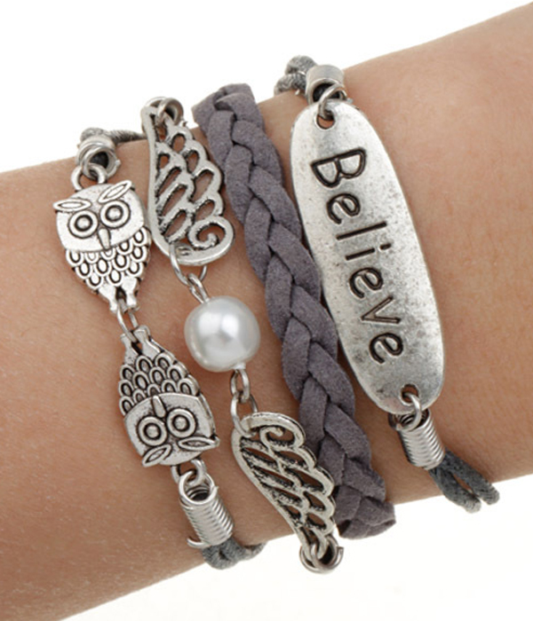 Multi row leatherette wrap bracelet - owl wing believe