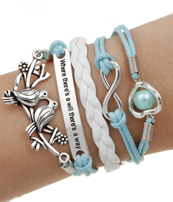 Multi row leatherette wrap bracelet - birds