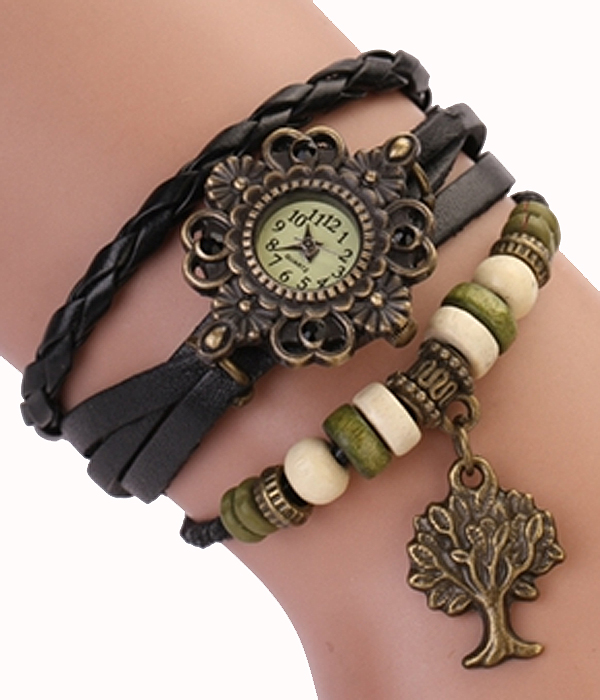 Life tree leather layer braided wrap around watch