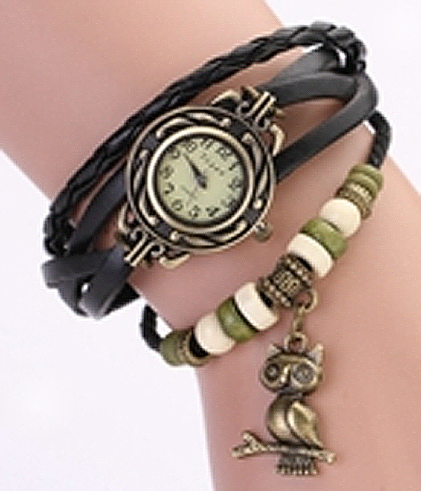 Owl leather layer braided wrap around watch