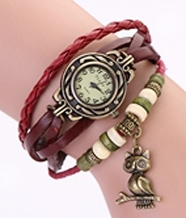 Owl leather layer braided  wrap around watch