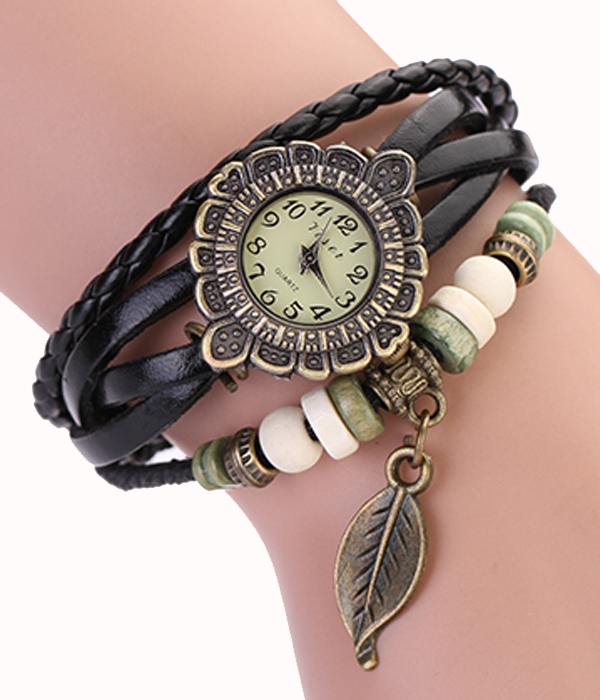 Leaf leather layer braided wrap around  watch