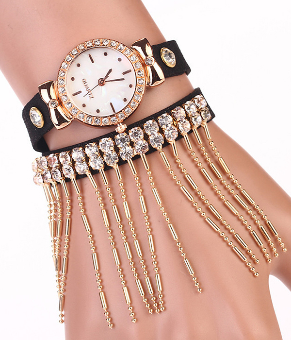 2 layer crystal and tassel drop wrap around watch