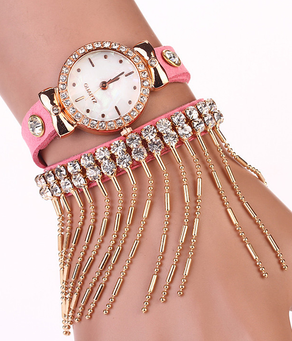 2 layer crystal and tassel drop wrap around watch