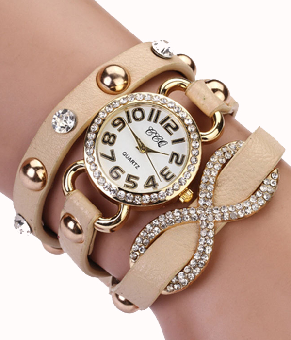 3 layer infinity and metal and crystal stud wrap around watch