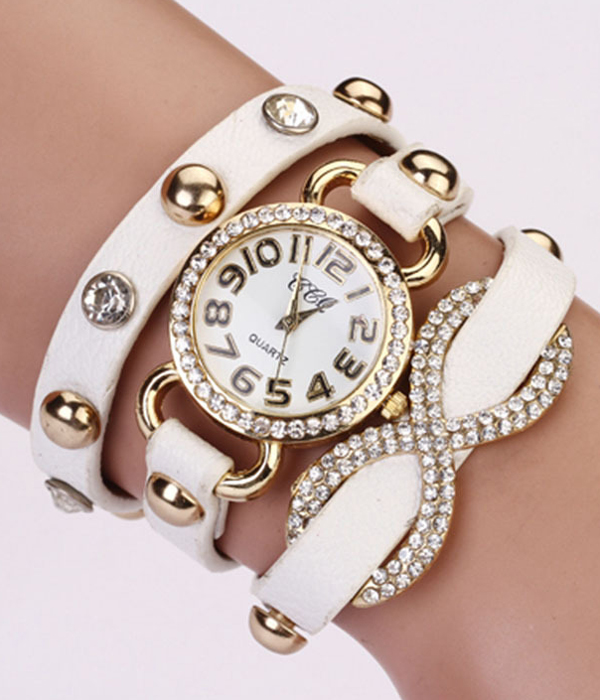 3 layer infinity and metal and crystal stud wrap around watch