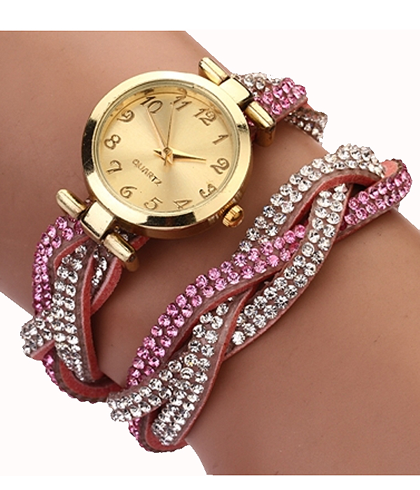 2 layer crystal stud braided leather wrap around watch