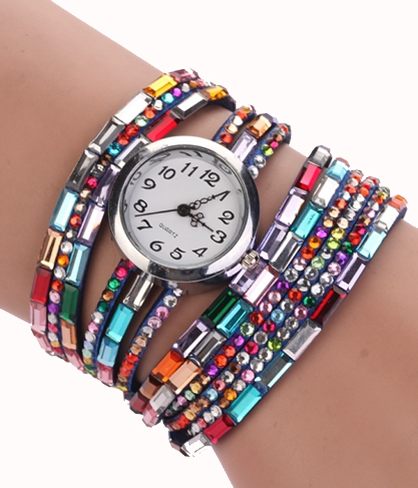 Multi layer crystal stud  wrap around watch