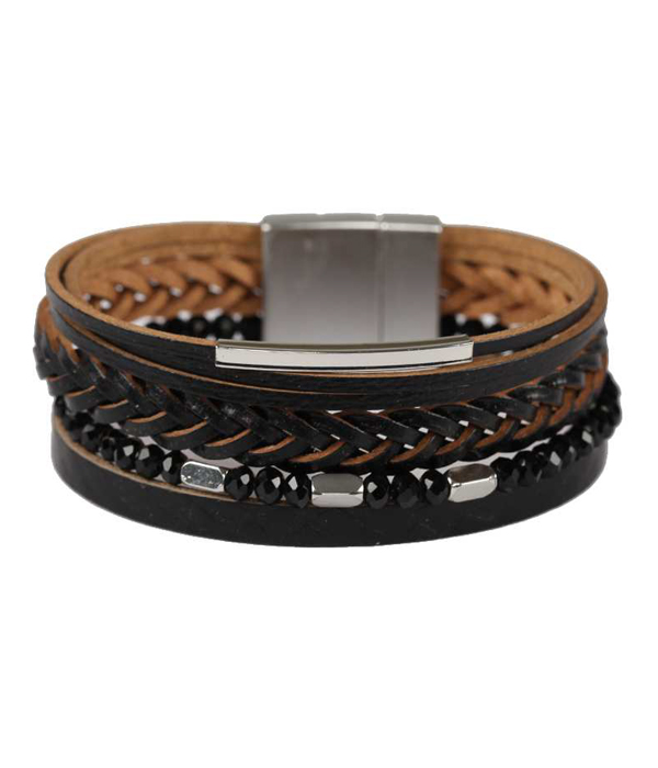 Multi layer leather and glass bead chain magnetic bracelet