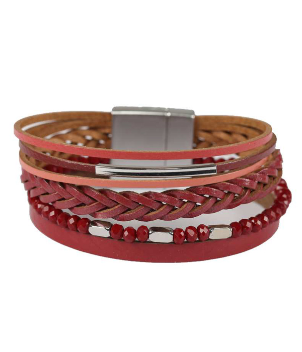 MULTI LAYER LEATHER AND GLASS BEAD CHAIN MAGNETIC BRACELET