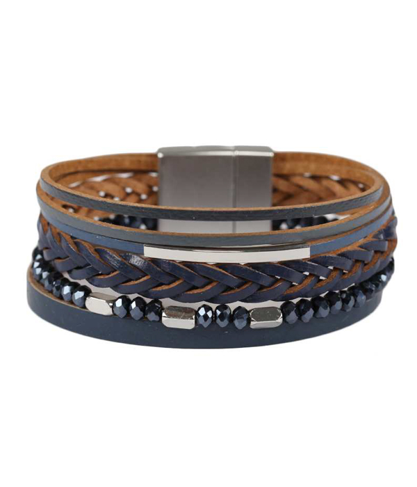 MULTI LAYER LEATHER AND GLASS BEAD CHAIN MAGNETIC BRACELET