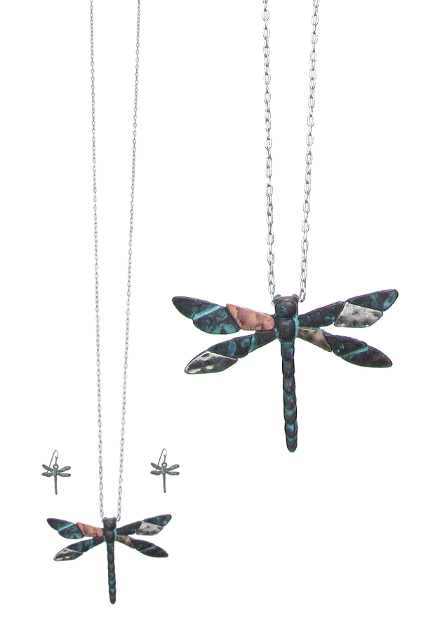 Dragonfly pendant long necklace set