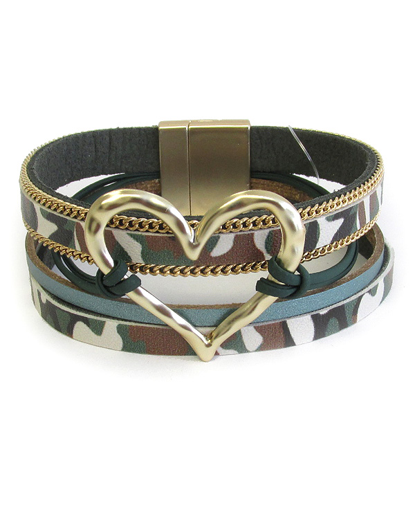 Military look camouflage multi layer leatherette magnetic bracelet - heart