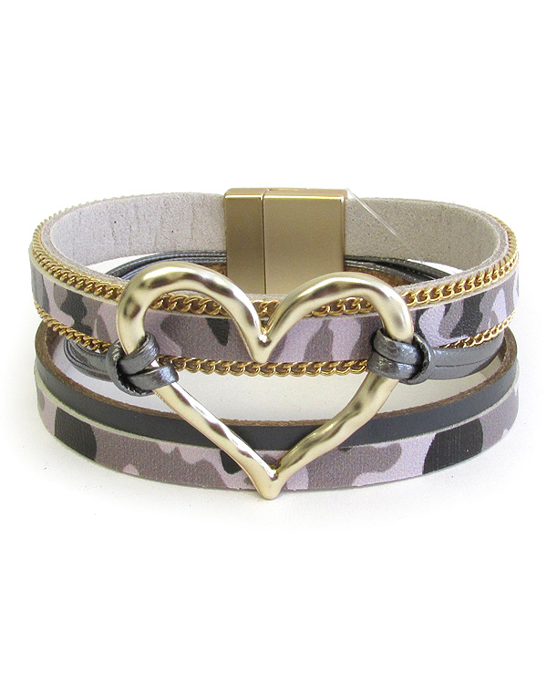 Military look camouflage multi layer leatherette magnetic bracelet - heart